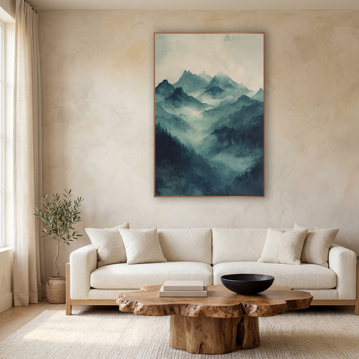 Misty Teal Mountain Valley Landscape wall art in a calm Japandi-style room – misty teal mountain peaks rising above