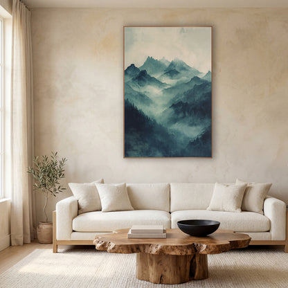 Misty Teal Mountain Valley Landscape wall art in a calm Japandi-style room – misty teal mountain peaks rising above