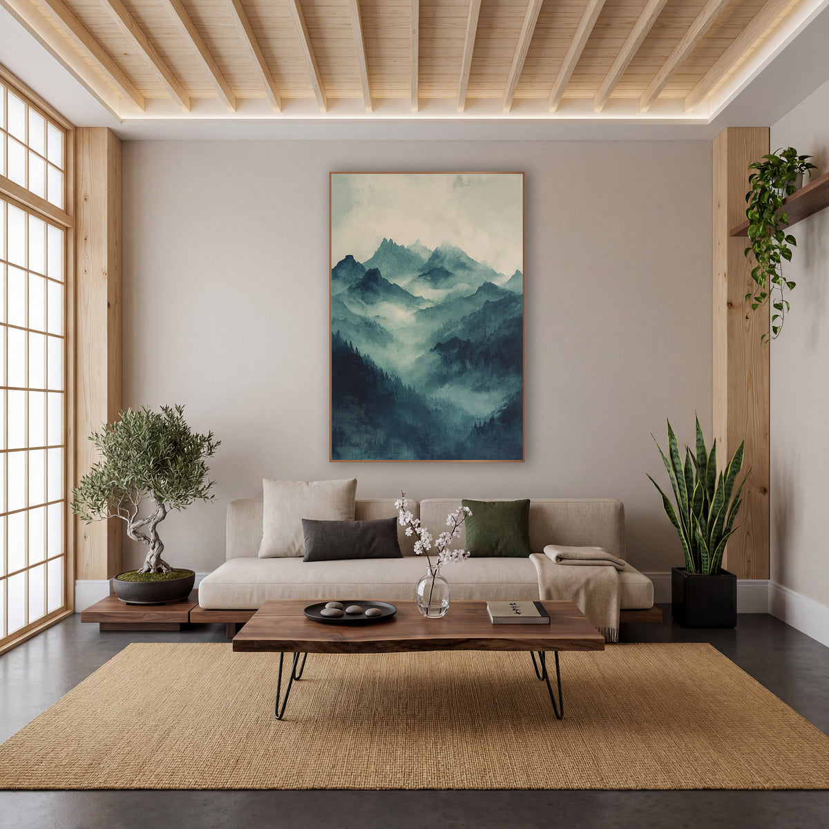Misty Teal Mountain Valley Landscape wall art in a calm Japandi-style room – misty teal mountain peaks rising above