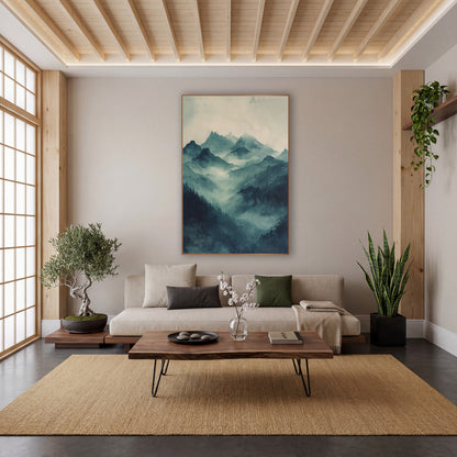 Misty Teal Mountain Valley Landscape wall art in a calm Japandi-style room – misty teal mountain peaks rising above