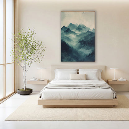 Misty Teal Mountain Valley Landscape wall art in a calm Japandi-style room – misty teal mountain peaks rising above