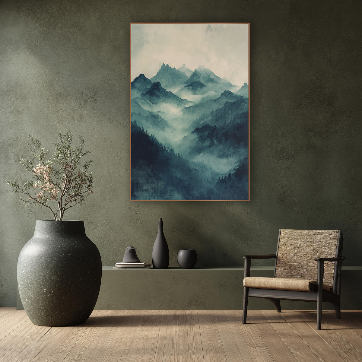 Misty Teal Mountain Valley Landscape wall art in a calm Japandi-style room – misty teal mountain peaks rising above