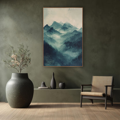Misty Teal Mountain Valley Landscape wall art in a calm Japandi-style room – misty teal mountain peaks rising above
