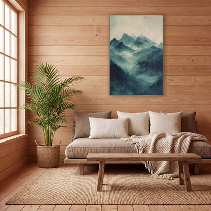 Misty Teal Mountain Valley Landscape wall art in a calm Japandi-style room – misty teal mountain peaks rising above