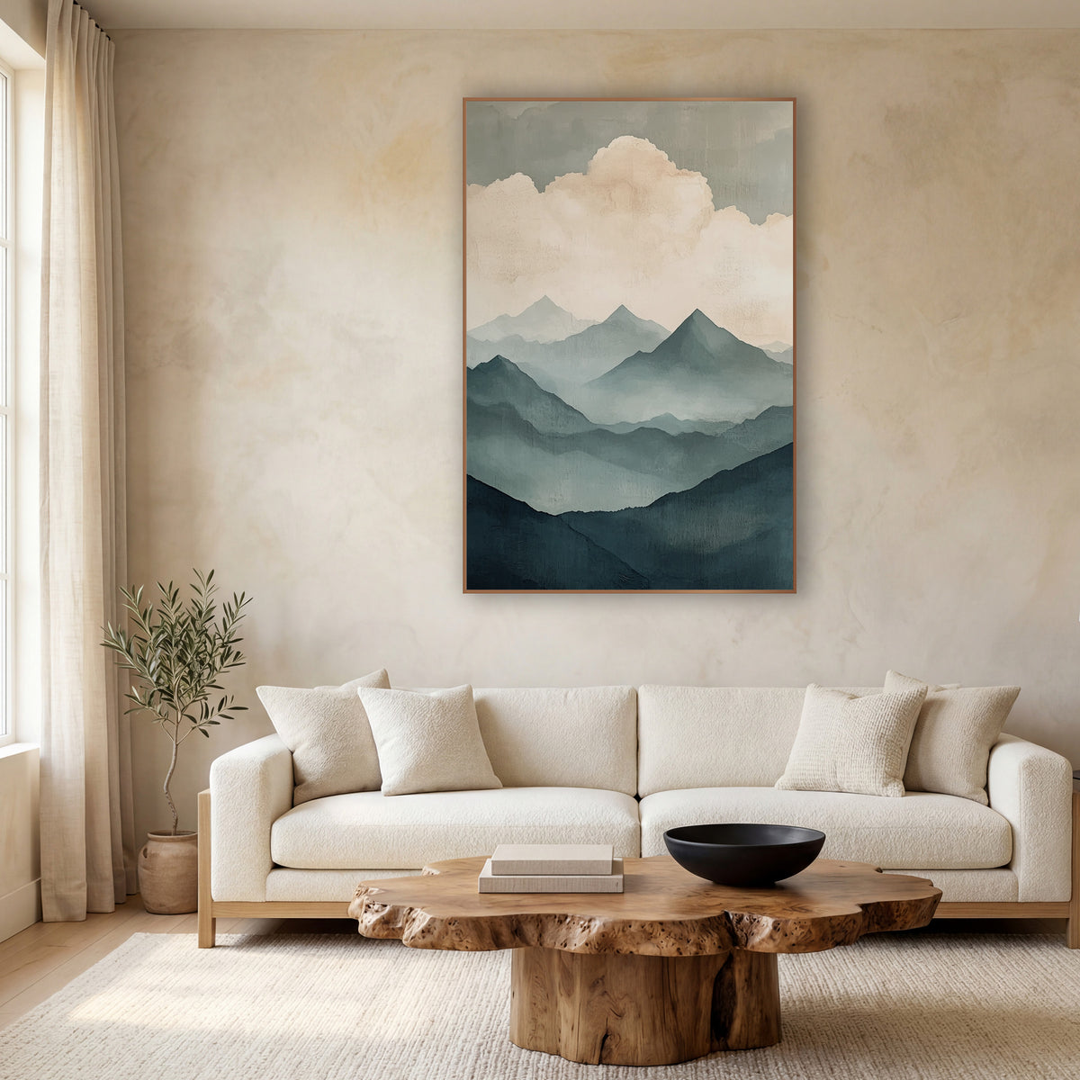 Misty Teal Mountain Ridges Japandi wall art in a calm Japandi-style room – layered teal and gray-blue mountain ridges