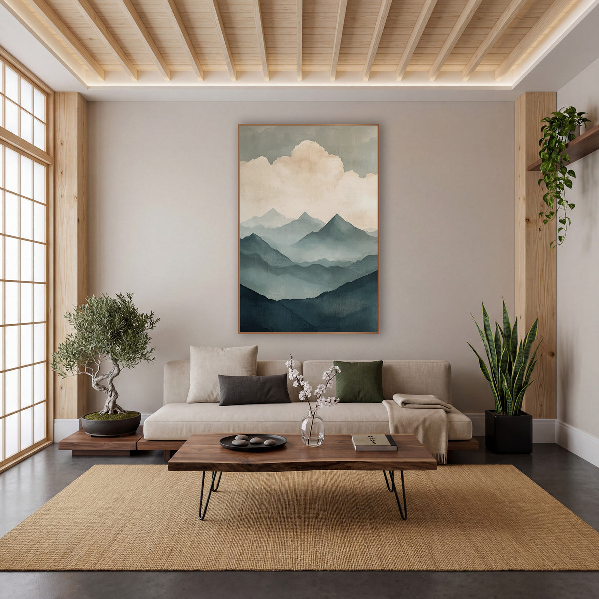 Misty Teal Mountain Ridges Japandi wall art in a calm Japandi-style room – layered teal and gray-blue mountain ridges