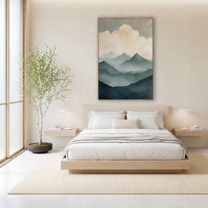 Misty Teal Mountain Ridges Japandi wall art in a calm Japandi-style room – layered teal and gray-blue mountain ridges