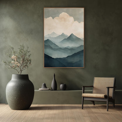 Misty Teal Mountain Ridges Japandi wall art in a calm Japandi-style room – layered teal and gray-blue mountain ridges