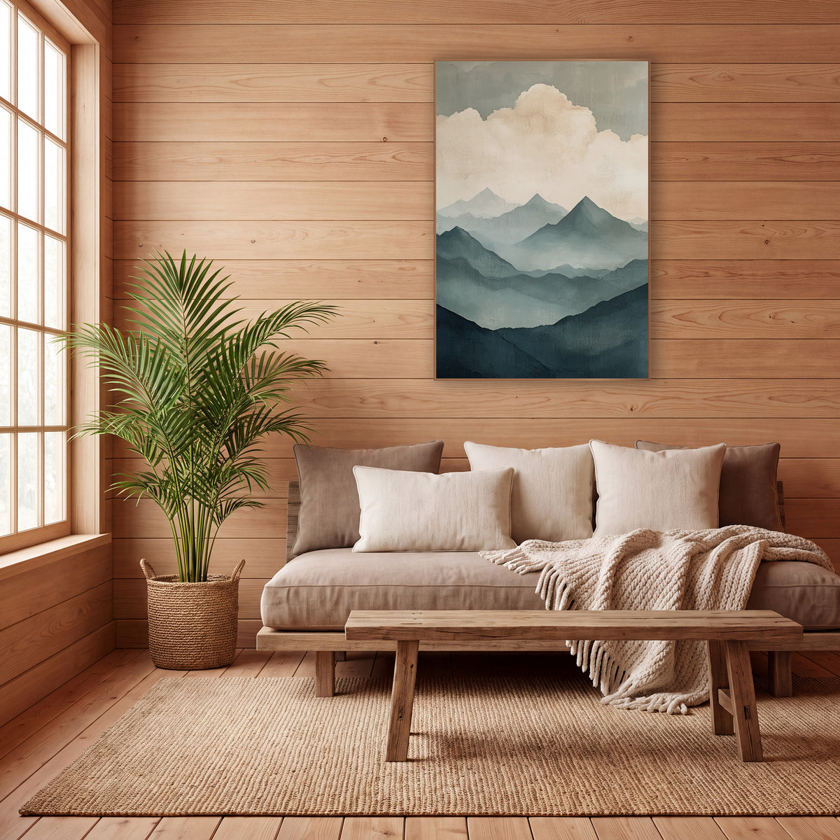 Misty Teal Mountain Ridges Japandi wall art in a calm Japandi-style room – layered teal and gray-blue mountain ridges