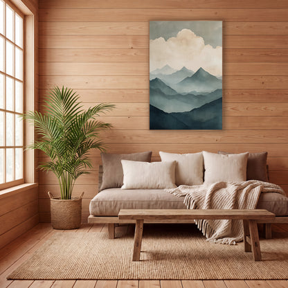 Misty Teal Mountain Ridges Japandi wall art in a calm Japandi-style room – layered teal and gray-blue mountain ridges