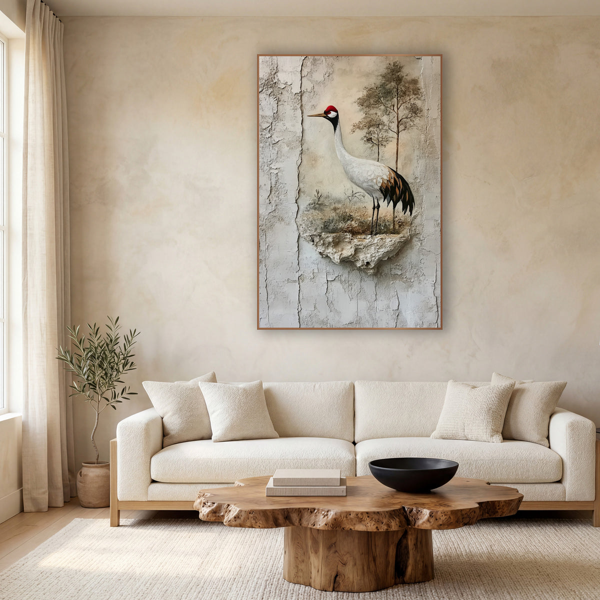 Red-Crowned Crane Cracked Plaster Japandi wall art in a calm Japandi-style room – white crane with red crown standing