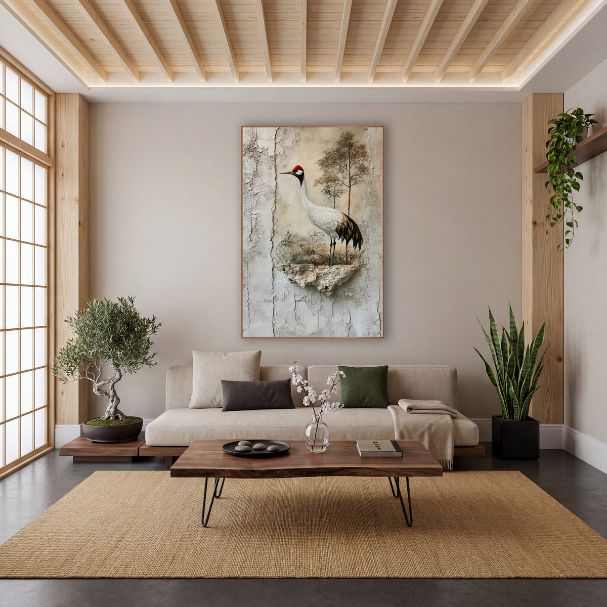 Red-Crowned Crane Cracked Plaster Japandi wall art in a calm Japandi-style room – white crane with red crown standing