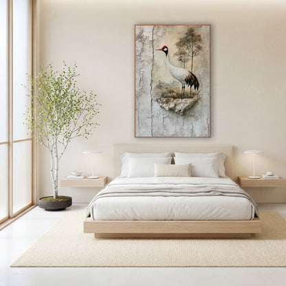 Red-Crowned Crane Cracked Plaster Japandi wall art in a calm Japandi-style room – white crane with red crown standing