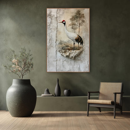 Red-Crowned Crane Cracked Plaster Japandi wall art in a calm Japandi-style room – white crane with red crown standing