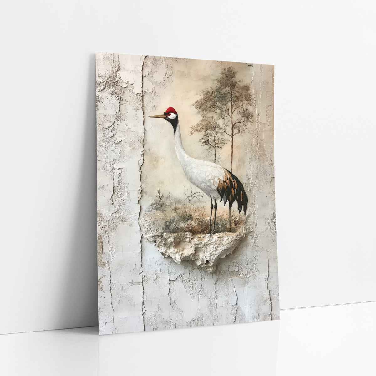 Red-Crowned Crane Cracked Plaster Japandi art print leaning against a white wall – white crane with red crown standing