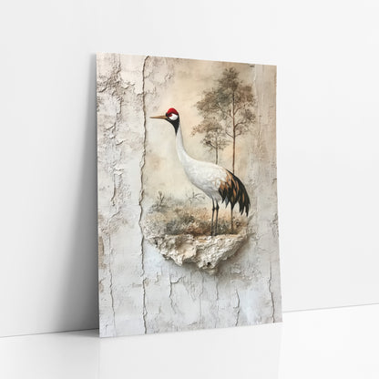 Red-Crowned Crane Cracked Plaster Japandi art print leaning against a white wall – white crane with red crown standing