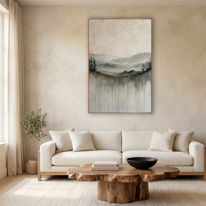 Misty Valley Dripping Landscape Japandi wall art in a calm Japandi-style room – misty valley of evergreens and rolling