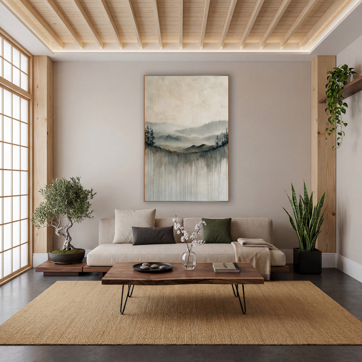 Misty Valley Dripping Landscape Japandi wall art in a calm Japandi-style room – misty valley of evergreens and rolling