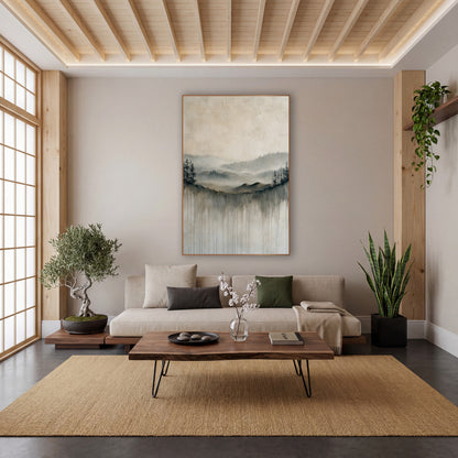 Misty Valley Dripping Landscape Japandi wall art in a calm Japandi-style room – misty valley of evergreens and rolling