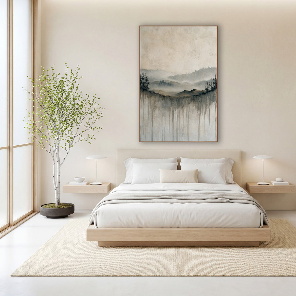Misty Valley Dripping Landscape Japandi wall art in a calm Japandi-style room – misty valley of evergreens and rolling