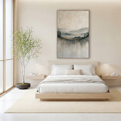 Misty Valley Dripping Landscape Japandi wall art in a calm Japandi-style room – misty valley of evergreens and rolling