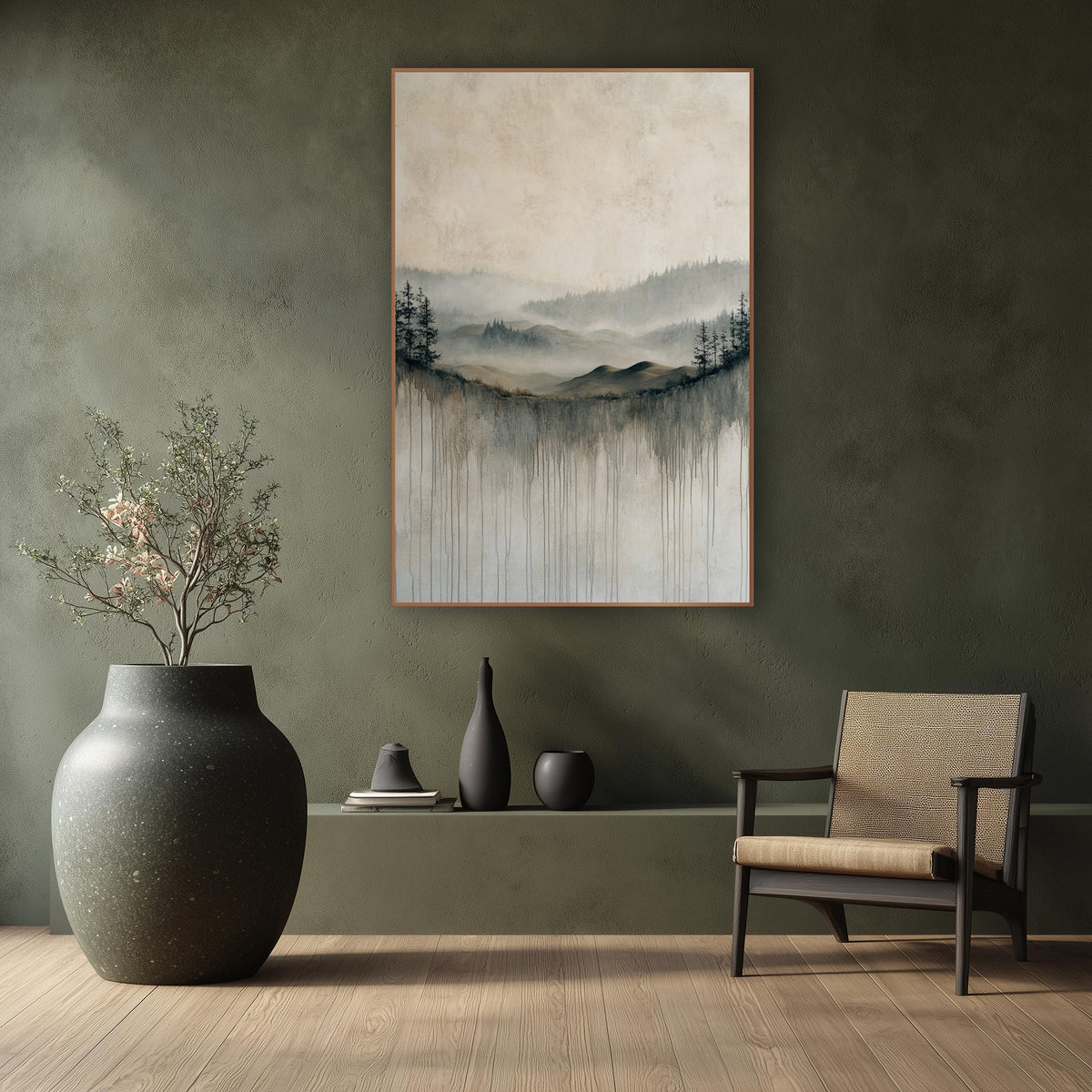 Misty Valley Dripping Landscape Japandi wall art in a calm Japandi-style room – misty valley of evergreens and rolling