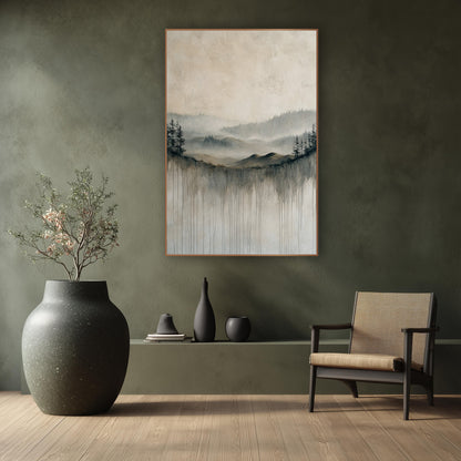 Misty Valley Dripping Landscape Japandi wall art in a calm Japandi-style room – misty valley of evergreens and rolling