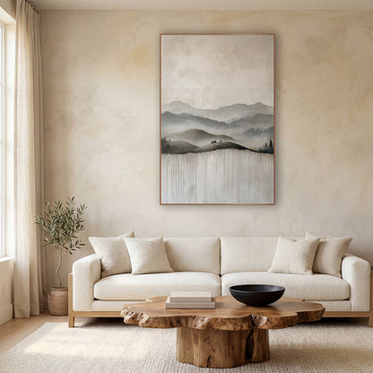 Misty Gray Mountain Ridges Japandi wall art in a calm Japandi-style room – layered gray mountain ridges in soft mist