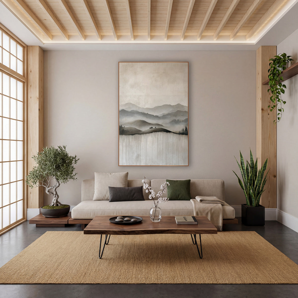 Misty Gray Mountain Ridges Japandi wall art in a calm Japandi-style room – layered gray mountain ridges in soft mist