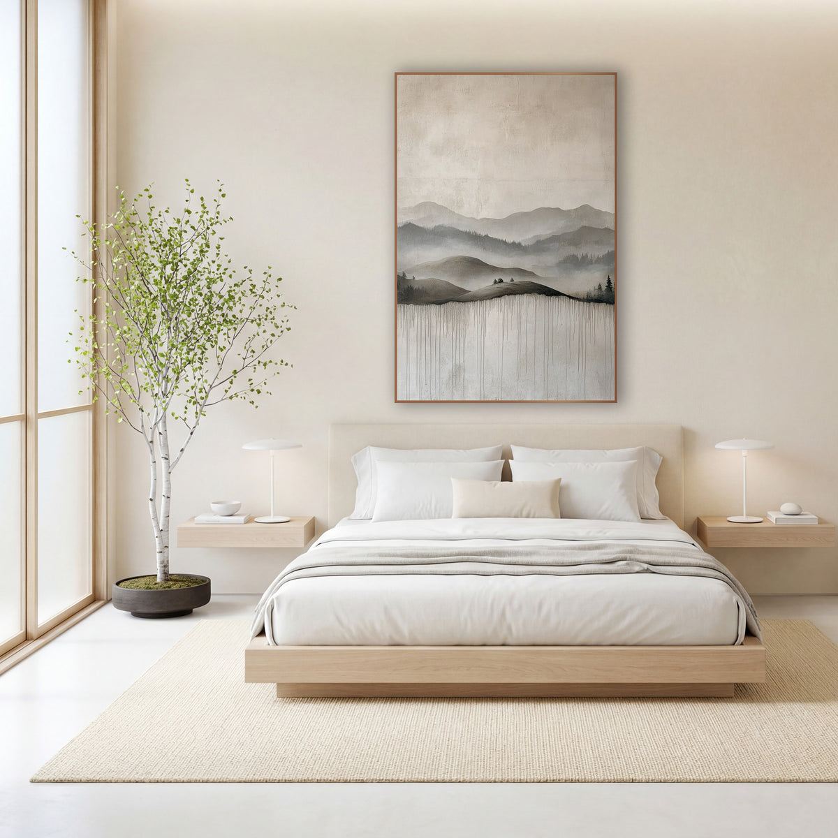 Misty Gray Mountain Ridges Japandi wall art in a calm Japandi-style room – layered gray mountain ridges in soft mist