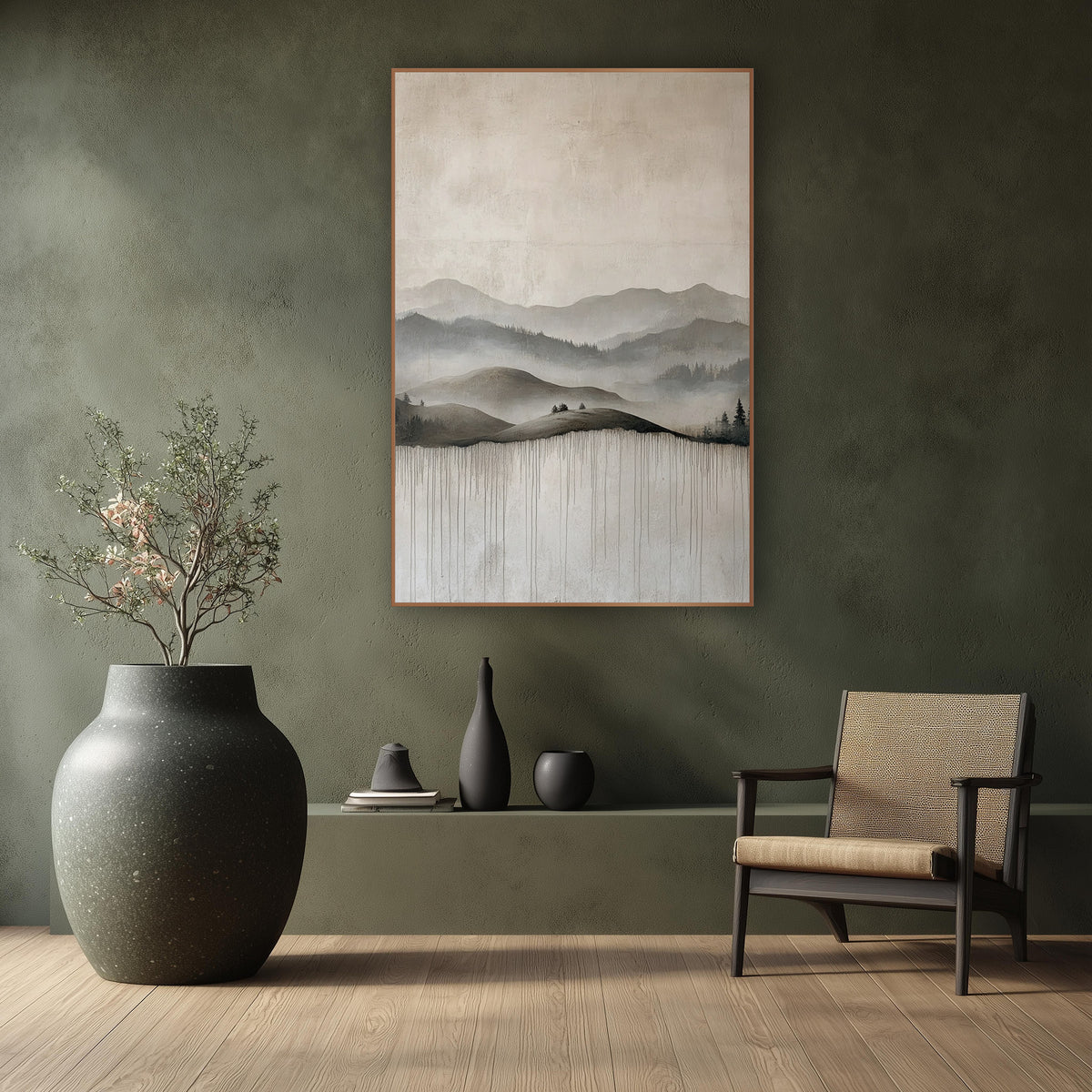 Misty Gray Mountain Ridges Japandi wall art in a calm Japandi-style room – layered gray mountain ridges in soft mist