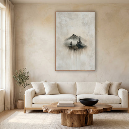 Misty Mountain Evergreens Japandi Landscape wall art in a calm Japandi-style room – misty mountain peaks