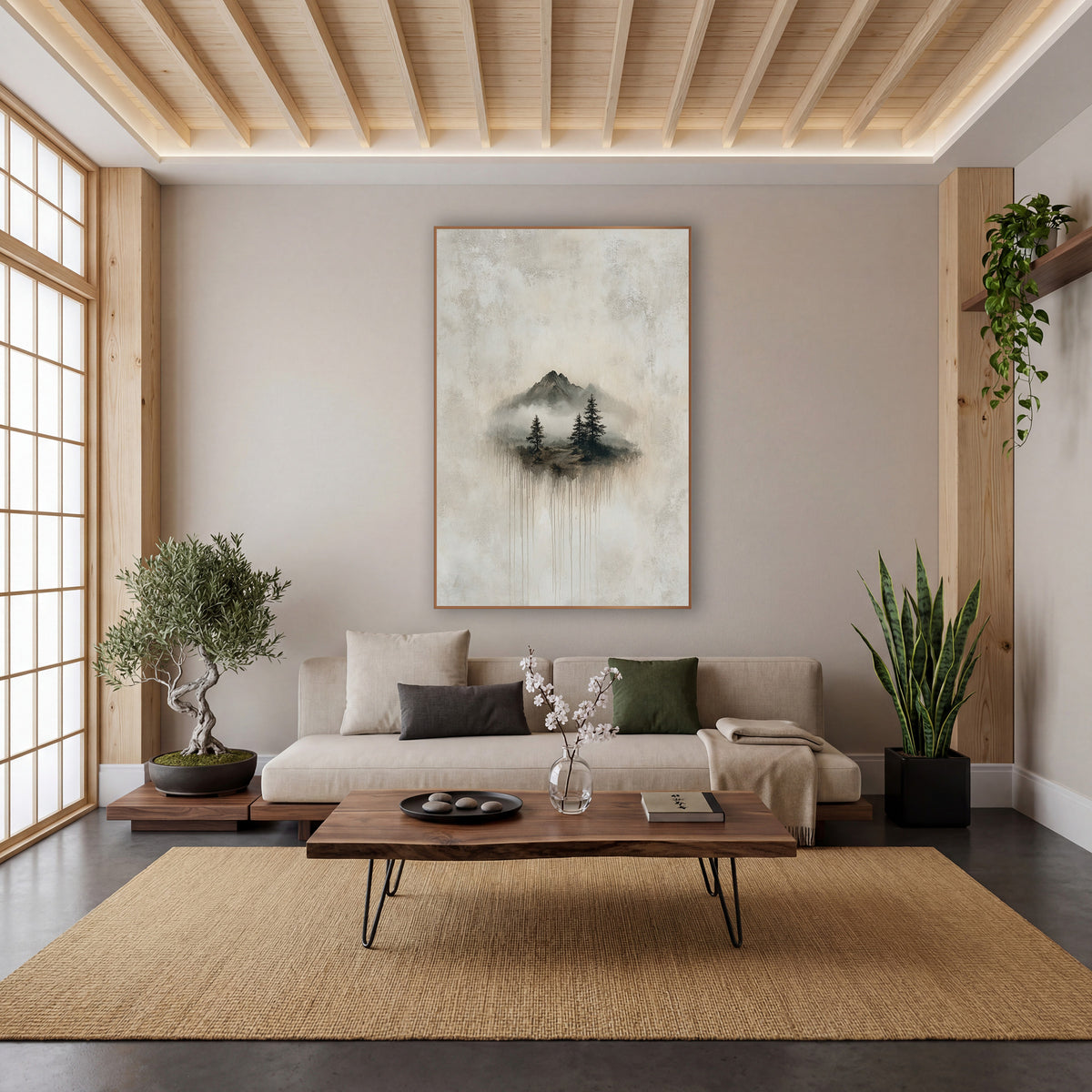 Misty Mountain Evergreens Japandi Landscape wall art in a calm Japandi-style room – misty mountain peaks