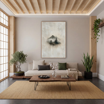 Misty Mountain Evergreens Japandi Landscape wall art in a calm Japandi-style room – misty mountain peaks