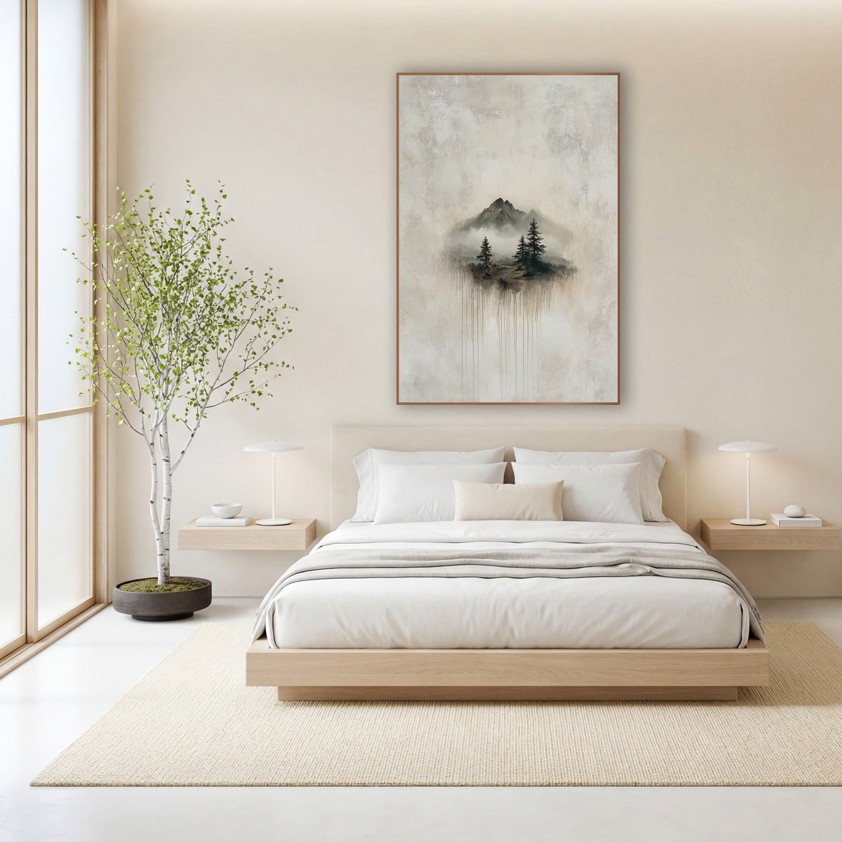 Misty Mountain Evergreens Japandi Landscape wall art in a calm Japandi-style room – misty mountain peaks