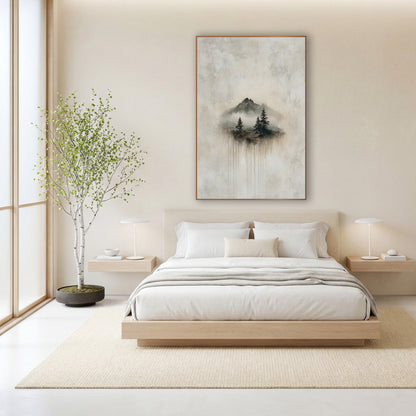 Misty Mountain Evergreens Japandi Landscape wall art in a calm Japandi-style room – misty mountain peaks
