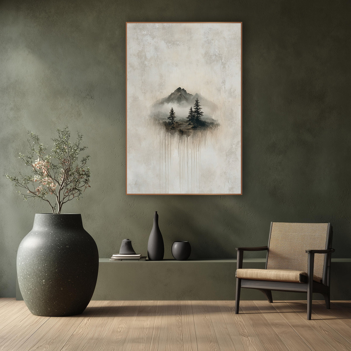 Misty Mountain Evergreens Japandi Landscape wall art in a calm Japandi-style room – misty mountain peaks