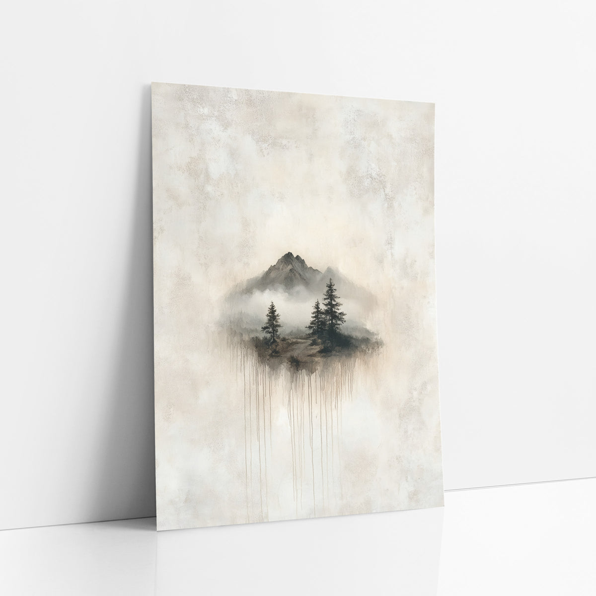 Misty Mountain Evergreens Japandi Landscape art print leaning against a white wall – misty mountain peaks and evergreens