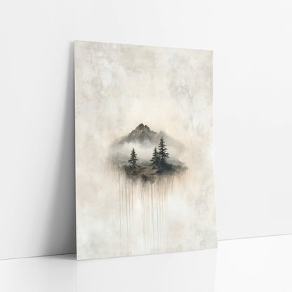 Misty Mountain Evergreens Japandi Landscape art print leaning against a white wall – misty mountain peaks and evergreens