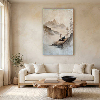 Misty Mountain Lake Landscape Japandi wall art in a calm Japandi-style room – misty mountain landscape in beige