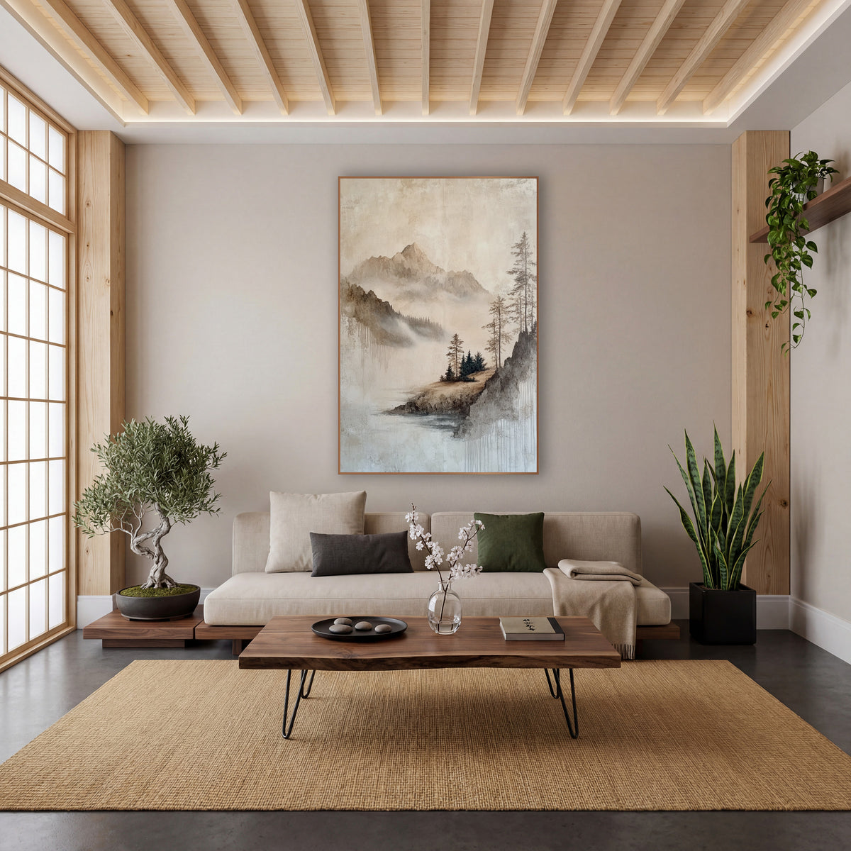Misty Mountain Lake Landscape Japandi wall art in a calm Japandi-style room – misty mountain landscape in beige