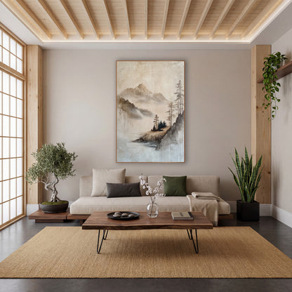 Misty Mountain Lake Landscape Japandi wall art in a calm Japandi-style room – misty mountain landscape in beige