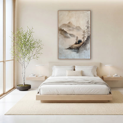 Misty Mountain Lake Landscape Japandi wall art in a calm Japandi-style room – misty mountain landscape in beige