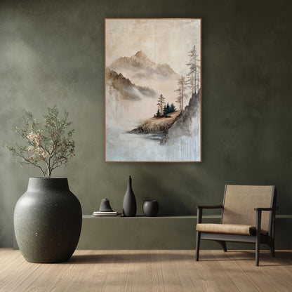 Misty Mountain Lake Landscape Japandi wall art in a calm Japandi-style room – misty mountain landscape in beige