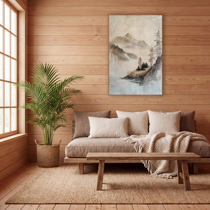 Misty Mountain Lake Landscape Japandi wall art in a calm Japandi-style room – misty mountain landscape in beige