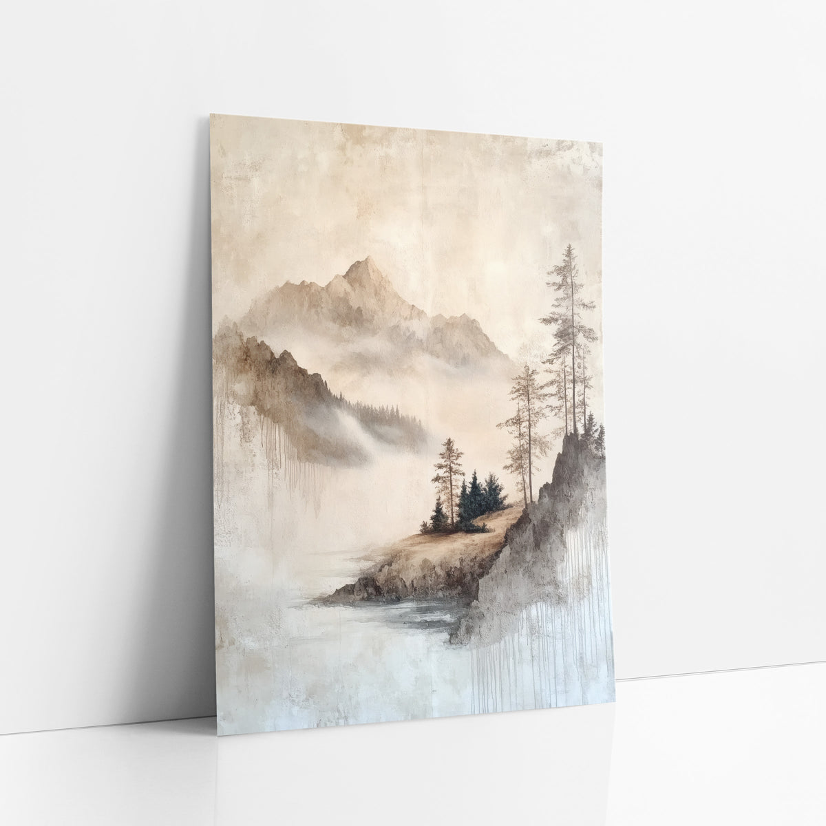 Misty Mountain Lake Landscape Japandi art print leaning against a white wall – misty mountain landscape in beige and taupe