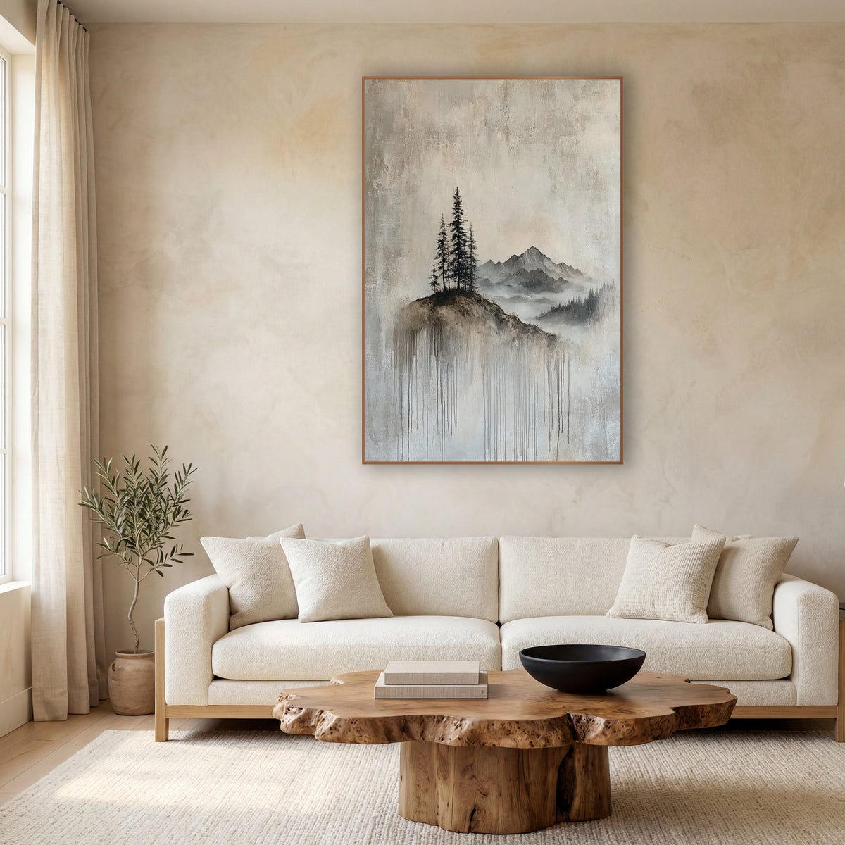 Misty Mountain Evergreen Hilltop Landscape wall art in a calm Japandi-style room – tall evergreens on a small hilltop