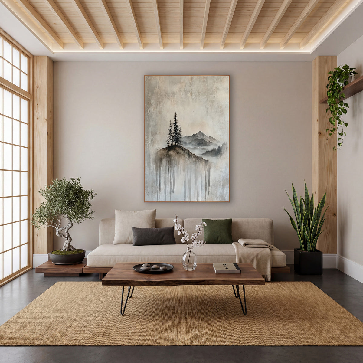 Misty Mountain Evergreen Hilltop Landscape wall art in a calm Japandi-style room – tall evergreens on a small hilltop