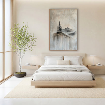 Misty Mountain Evergreen Hilltop Landscape wall art in a calm Japandi-style room – tall evergreens on a small hilltop