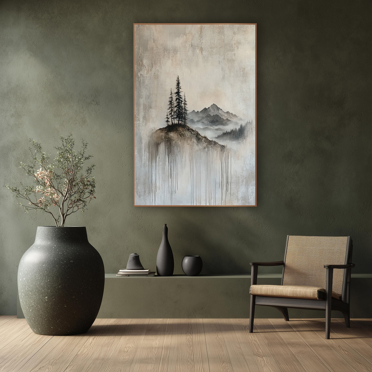 Misty Mountain Evergreen Hilltop Landscape wall art in a calm Japandi-style room – tall evergreens on a small hilltop
